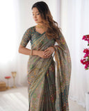Teal Green Handloom Cotton Saree with Floral Print and Royal Elephant Pallu