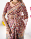 Maroon Pure Linen Cotton Handloom Saree with Floral Buti Print and Madhubani Fish Art Pallu