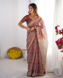 Maroon Pure Linen Cotton Handloom Saree with Floral Buti Print and Madhubani Fish Art Pallu