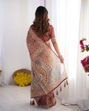 Maroon Pure Linen Cotton Handloom Saree with Floral Buti Print and Madhubani Fish Art Pallu