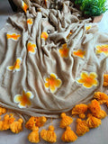 Elegant Linen Saree with Sunflower Print and Tassel Border – Lightweight Summer Wear