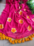 Elegant Linen Saree with Sunflower Print and Tassel Border – Lightweight Summer Wear
