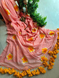 Elegant Linen Saree with Sunflower Print and Tassel Border – Lightweight Summer Wear