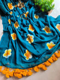 Elegant Linen Saree with Sunflower Print and Tassel Border – Lightweight Summer Wear