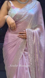 Blush Pink Tissue Saree with Hand-Beaded Border and Sybori Print Blouse