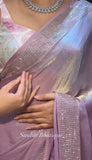 Blush Pink Tissue Saree with Hand-Beaded Border and Sybori Print Blouse