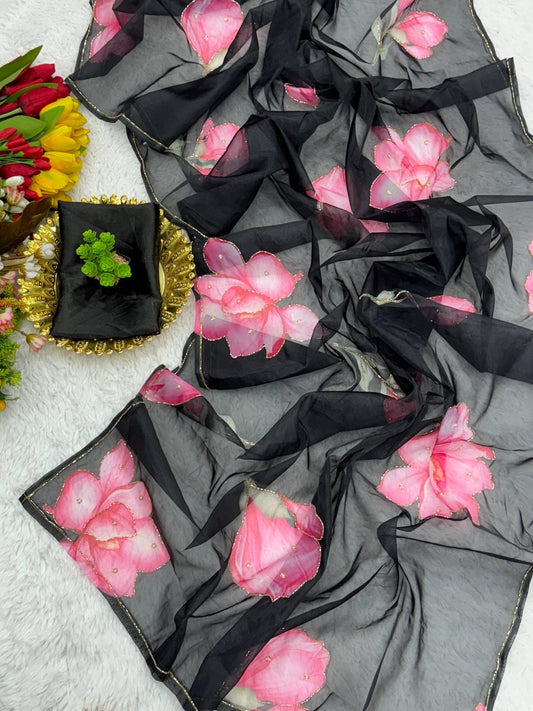 Light & Airy Organza Saree with Intricate Floral Patterns & Designer Finish