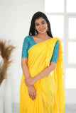 Yellow Khadi Cotton Saree With Sky Printed Blouse