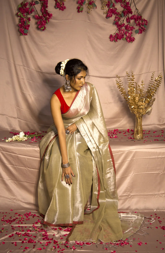 Rose Gold With Red Border Raga Tissue Saree