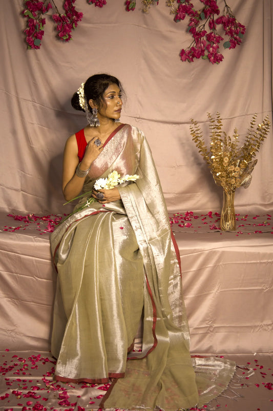 Rose Gold With Red Border Raga Tissue Saree