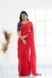 Red Khadi Cotton Saree With Black Printed Blouse