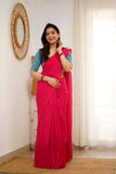Pink Handloom Cotton Saree With Sky Printed Blouse