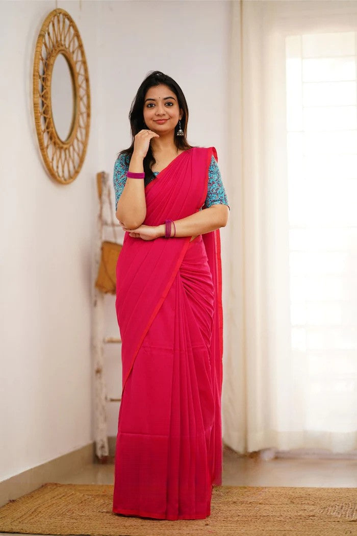 Pink Handloom Cotton Saree With Sky Printed Blouse