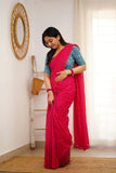 Pink Handloom Cotton Saree With Sky Printed Blouse