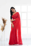 Red Khadi Cotton Saree With Black Printed Blouse