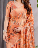 Mustard Yellow Fendy Chiffon Saree with Foil & Block Print, Tassels, and Attached Blouse