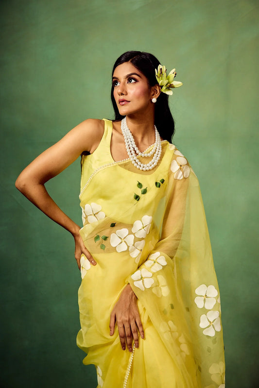 Lemon Yellow Pure Organza Saree with Hand-Painted White Floral Motifs & Sequin Detailing | Modal Satin Blouse