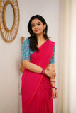 Pink Handloom Cotton Saree With Sky Printed Blouse