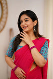 Pink Handloom Cotton Saree With Sky Printed Blouse