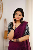 Dark Wine Handloom Cotton Saree With Vani Printed Blouse