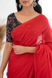 Red Khadi Cotton Saree With Black Printed Blouse