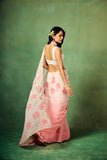 Blush Pink Pure Georgette Hand-Painted Floral Saree with White Motifs & Sequin Accents – Modal Satin Blouse