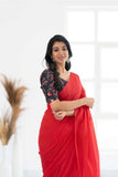 Red Khadi Cotton Saree With Black Printed Blouse