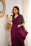 Dark Wine Handloom Cotton Saree With Vani Printed Blouse