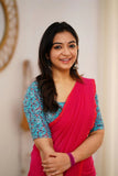 Pink Handloom Cotton Saree With Sky Printed Blouse