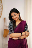 Dark Wine Handloom Cotton Saree With Vani Printed Blouse