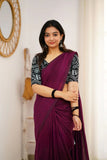 Dark Wine Handloom Cotton Saree With Vani Printed Blouse