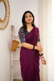 Dark Wine Handloom Cotton Saree With Vani Printed Blouse