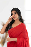 Red Khadi Cotton Saree With Black Printed Blouse