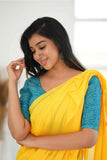 Yellow Khadi Cotton Saree With Sky Printed Blouse