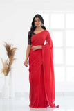 Red Khadi Cotton Saree With Black Printed Blouse