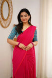 Pink Handloom Cotton Saree With Sky Printed Blouse