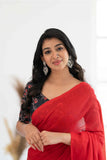 Red Khadi Cotton Saree With Black Printed Blouse