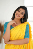 Yellow Khadi Cotton Saree With Sky Printed Blouse