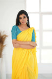 Yellow Khadi Cotton Saree With Sky Printed Blouse