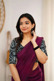 Dark Wine Handloom Cotton Saree With Vani Printed Blouse