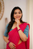 Pink Handloom Cotton Saree With Sky Printed Blouse