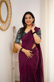 Dark Wine Handloom Cotton Saree With Vani Printed Blouse