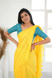 Yellow Khadi Cotton Saree With Sky Printed Blouse