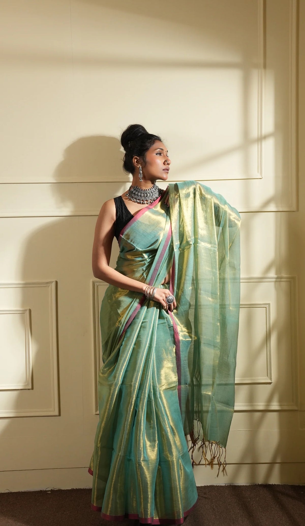 Rama Green with Red Border Raga Tissue Saree