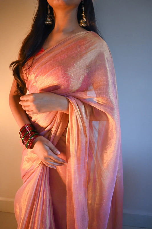 Pink With Golden Dual Tone Raga Tissue Saree