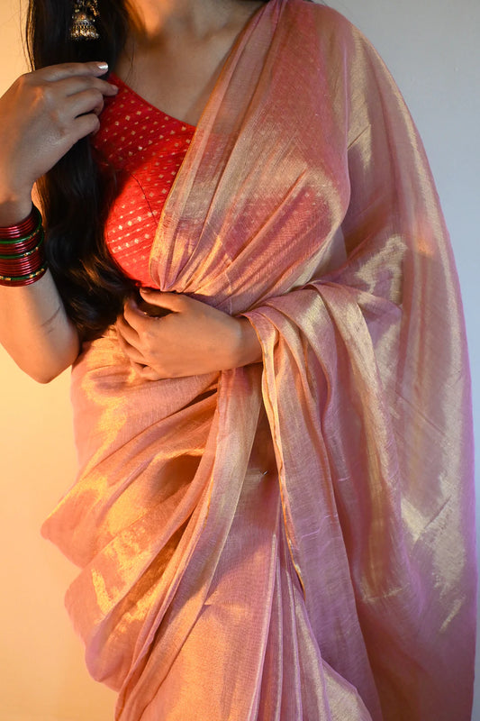 Pink With Golden Dual Tone Raga Tissue Saree