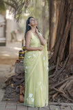 Lemon Yellow Hand-Painted Pure Georgette Saree with White Floral Motifs & Sequin Detailing | Modal Satin Blouse
