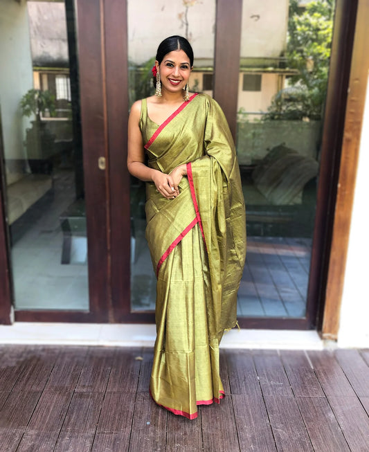 Golden With Red border Raga Tissue Saree