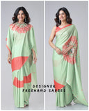 Mint Green & Coral Designer Freehand Printed Saree in Georgette Satin – Ready to Wear with Abstract Peacock Motif