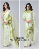 Mint Bloom Designer Freehand Floral Print Saree in Georgette Satin – Ready to Wear Elegance